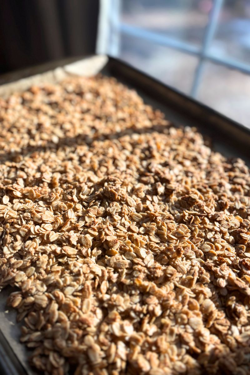 Tray of toasted granola in the sun