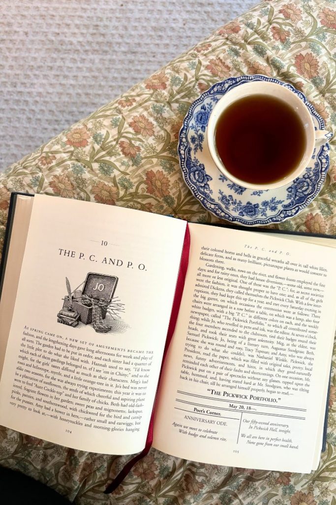 open book and cup of tea