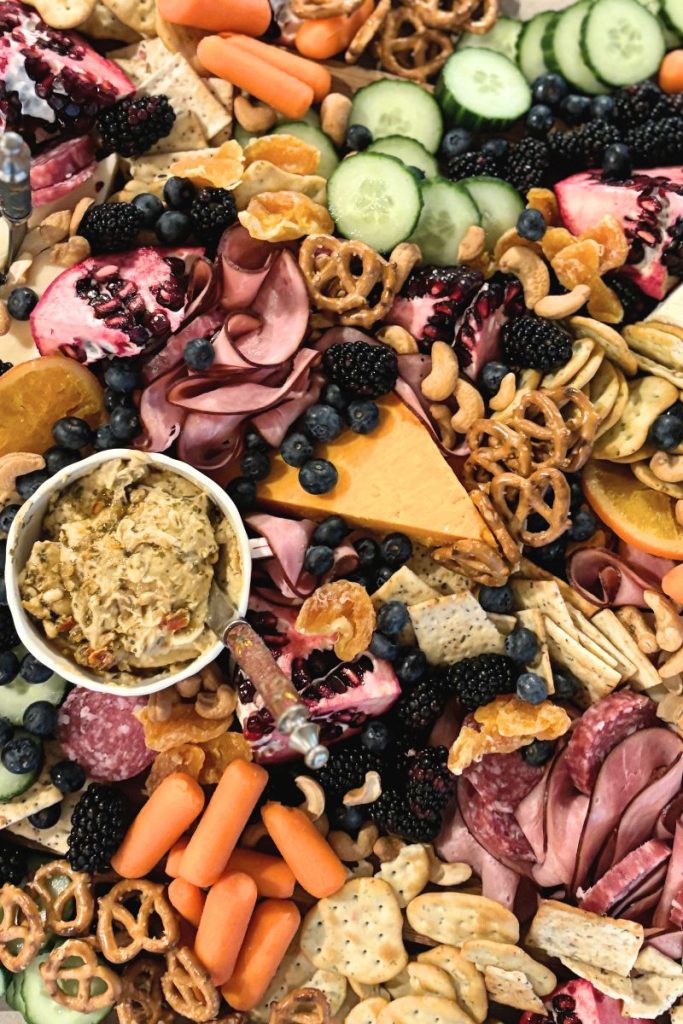 Beautiful charcuterie board filled with foods