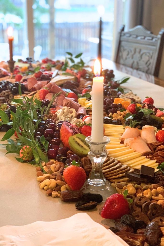Close up of a beautiful, savory and sweet charcuterie tablescape