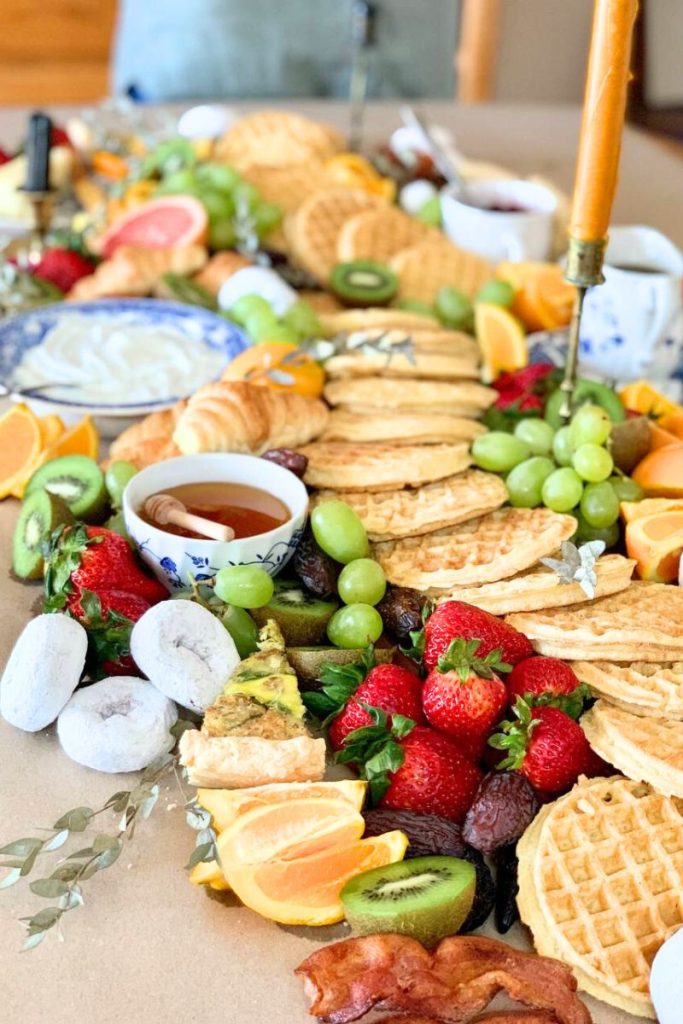 close up of beautiful brunch themed charcuterie table scape