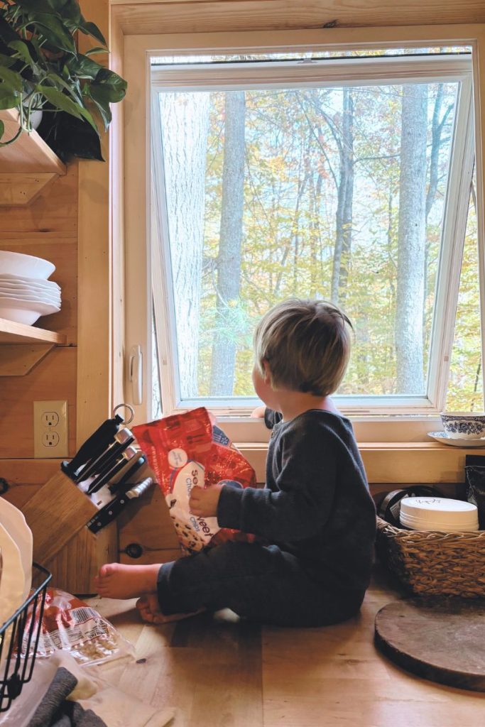 Toddler boy on kitchen countertop near window